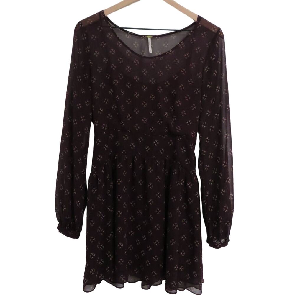 Free People Womens Sz S Burgundy Floral Smocked Back Long Sleeve Mini Dress